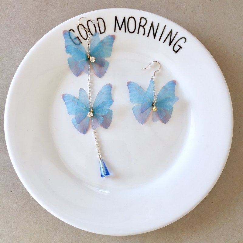 ❤️【任意2件9折！】【可改耳夹式！】蓝色立体式真丝绢薄纱蝴蝶水晶水钻纯银耳环耳钩耳针耳钉耳线生日节日交换礼物 - 耳环/耳夹 - 其他材质 蓝色