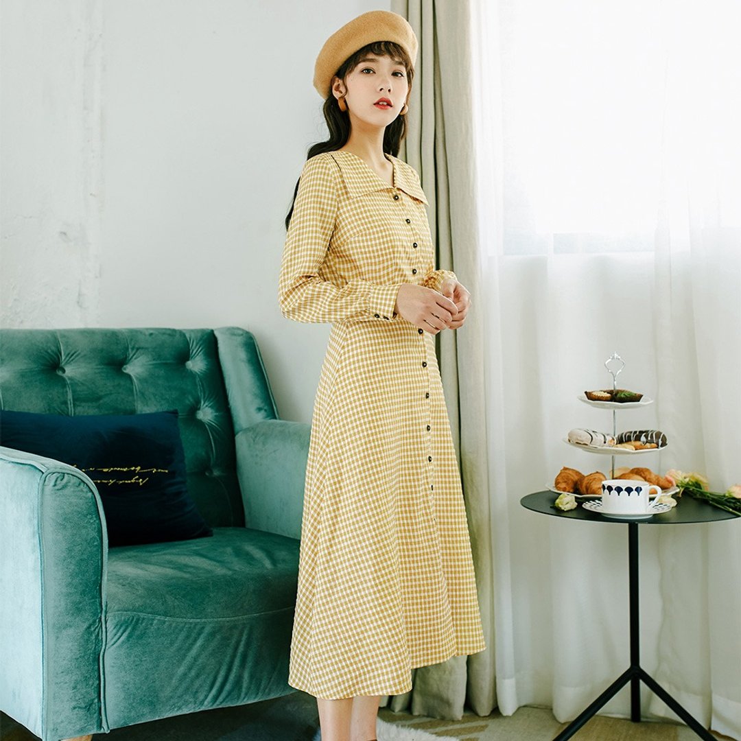 初春女士穿搭翻领格子长袖连身裙洋装 YHQ8926 - 洋装/连衣裙 - 棉 黄色