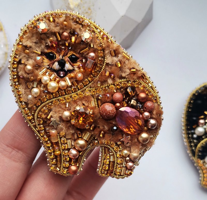 Pomeranian jewelry brooch beaded, pet portrait brooch - 胸针 - 玻璃 橘色