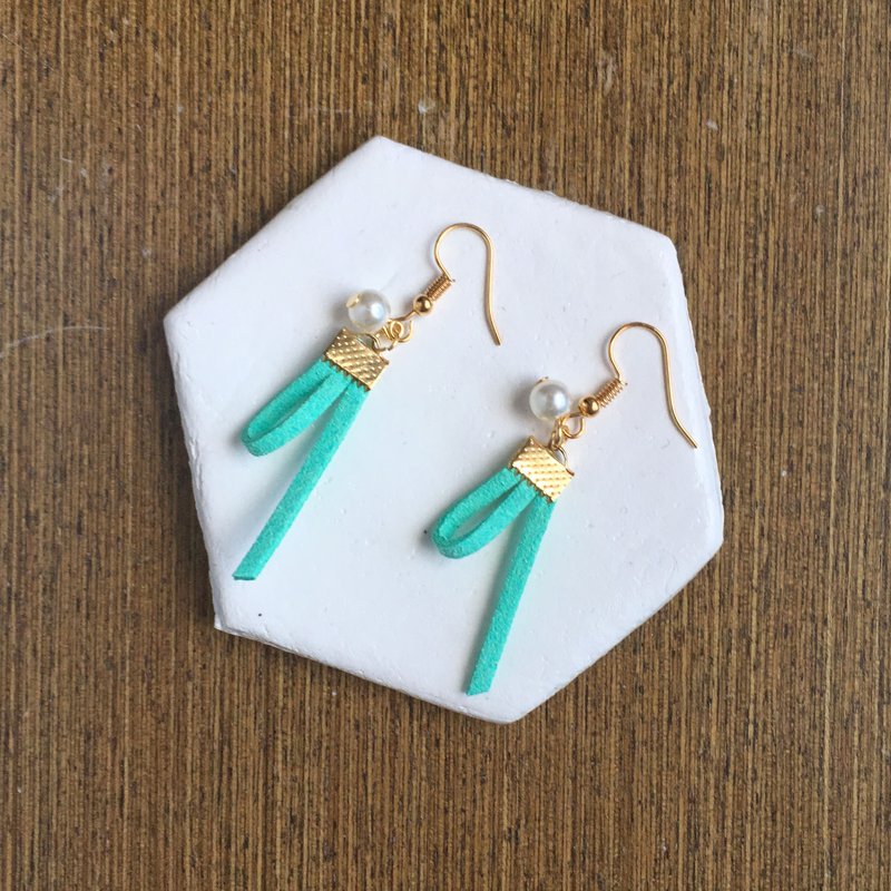 手工制作  韩国绒绳 小珍珠 耳环 耳夹 耳钩 淡金色系列-薄荷绿 - 耳环/耳夹 - 其他人造纤维 绿色