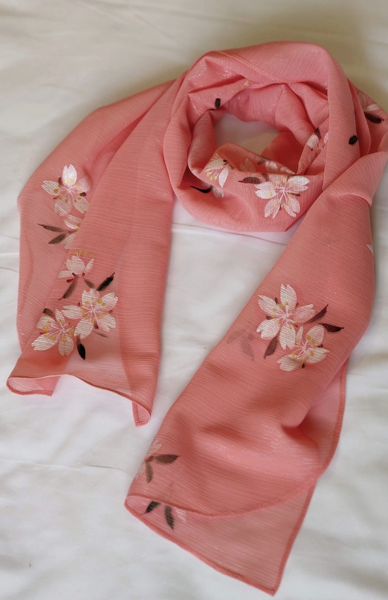SS23-春漾手绘雪纺轻清小围巾~樱花飘飘*珊瑚粉 - 丝巾 - 其他材质 
