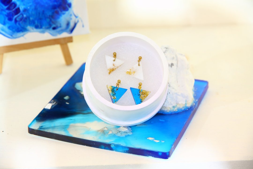 金箔纯色－耳环 #定制, 送礼包装, 银箔, 耳夹, 项链, 手链 - 耳环/耳夹 - 树脂 蓝色