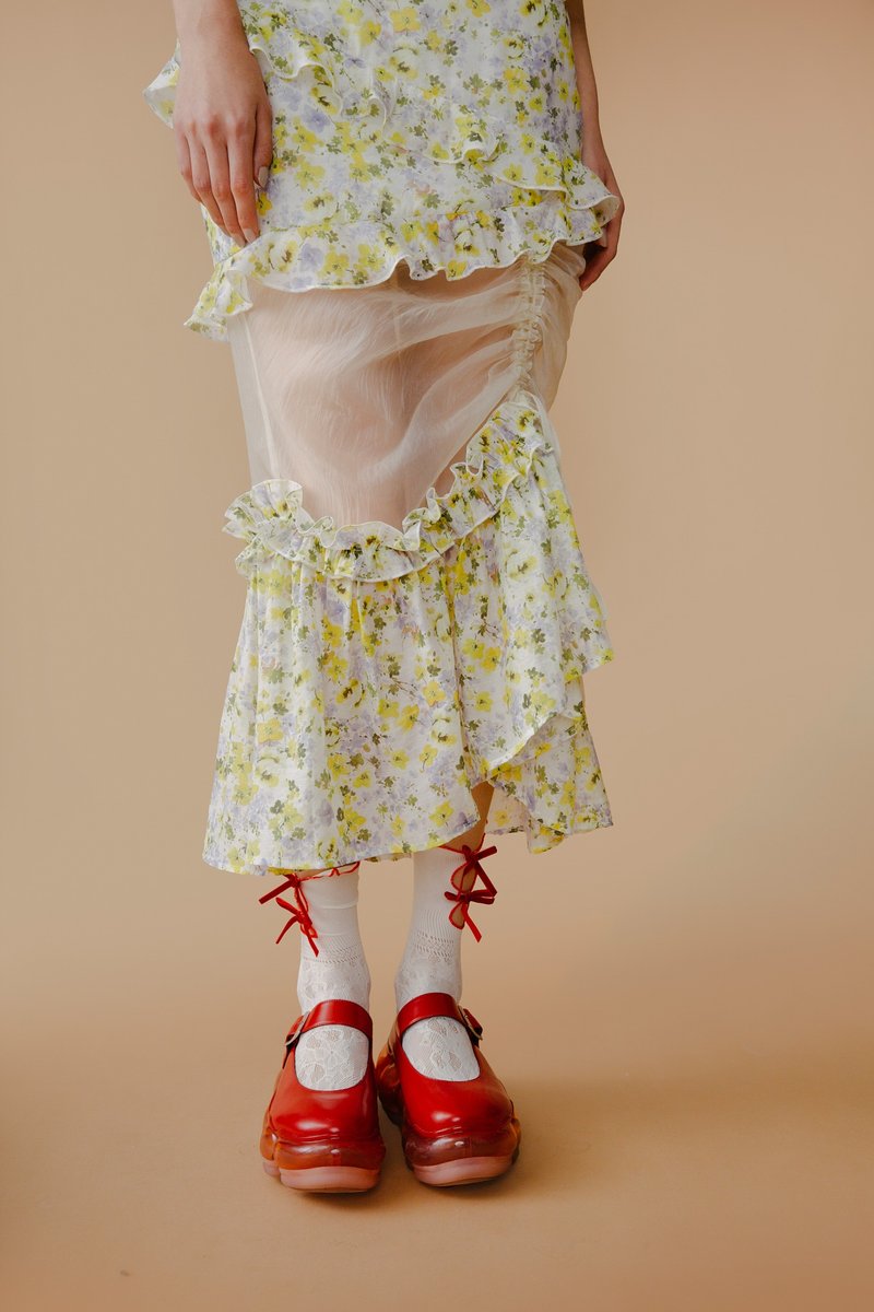 碎花不规则抽绳透视修身鱼尾裙 - 裙子 - 其他人造纤维 蓝色