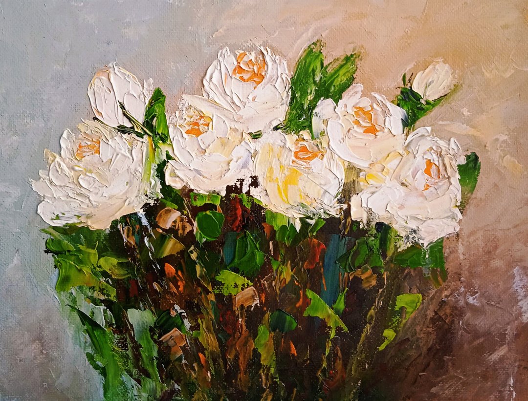 玫瑰白花原油画/家居装饰/构图/艺术 - 海报/装饰画/版画 - 其他材质 卡其色