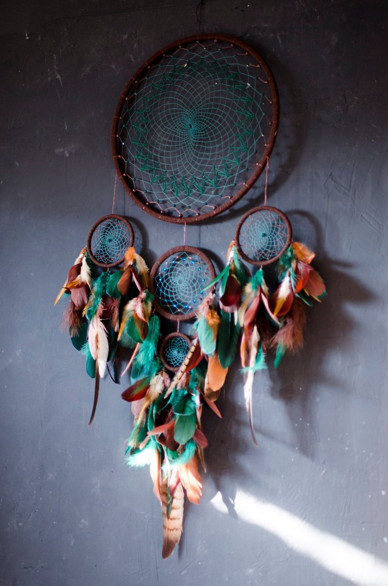 Giant big dream catcher brown green natural Extra large dreamcatcher - 墙贴/壁贴 - 绣线 绿色