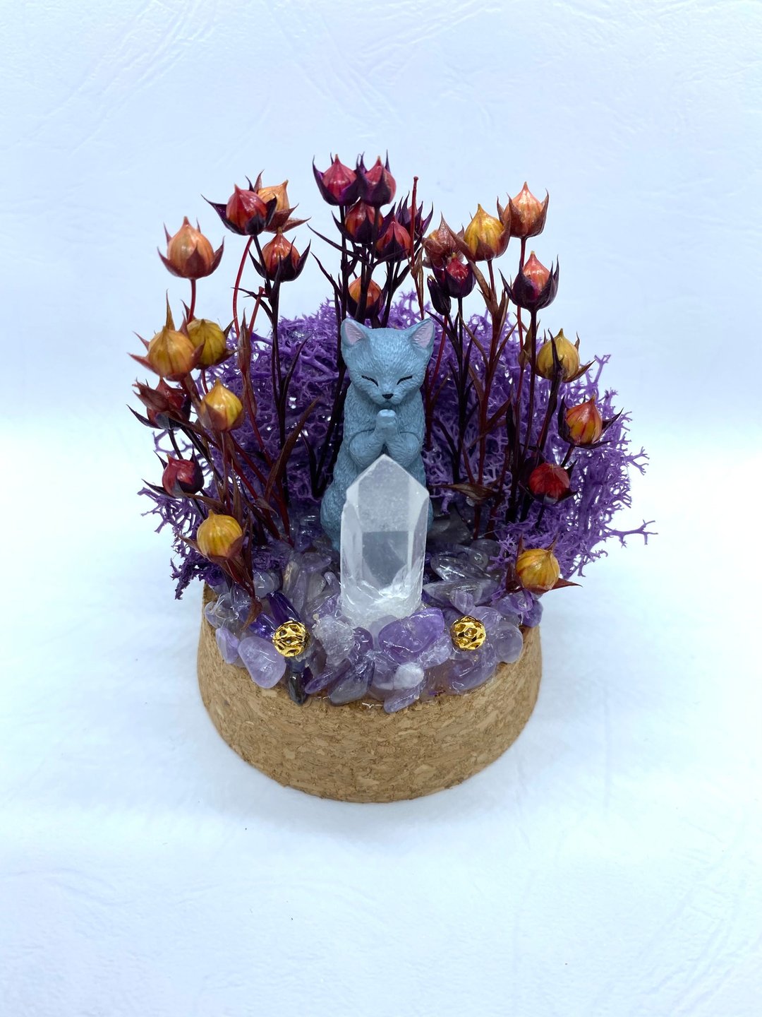 手工玻璃罩公仔/水晶摆设-紫色树林。黑猫的祈祷与白水晶 - 摆饰 - 水晶 