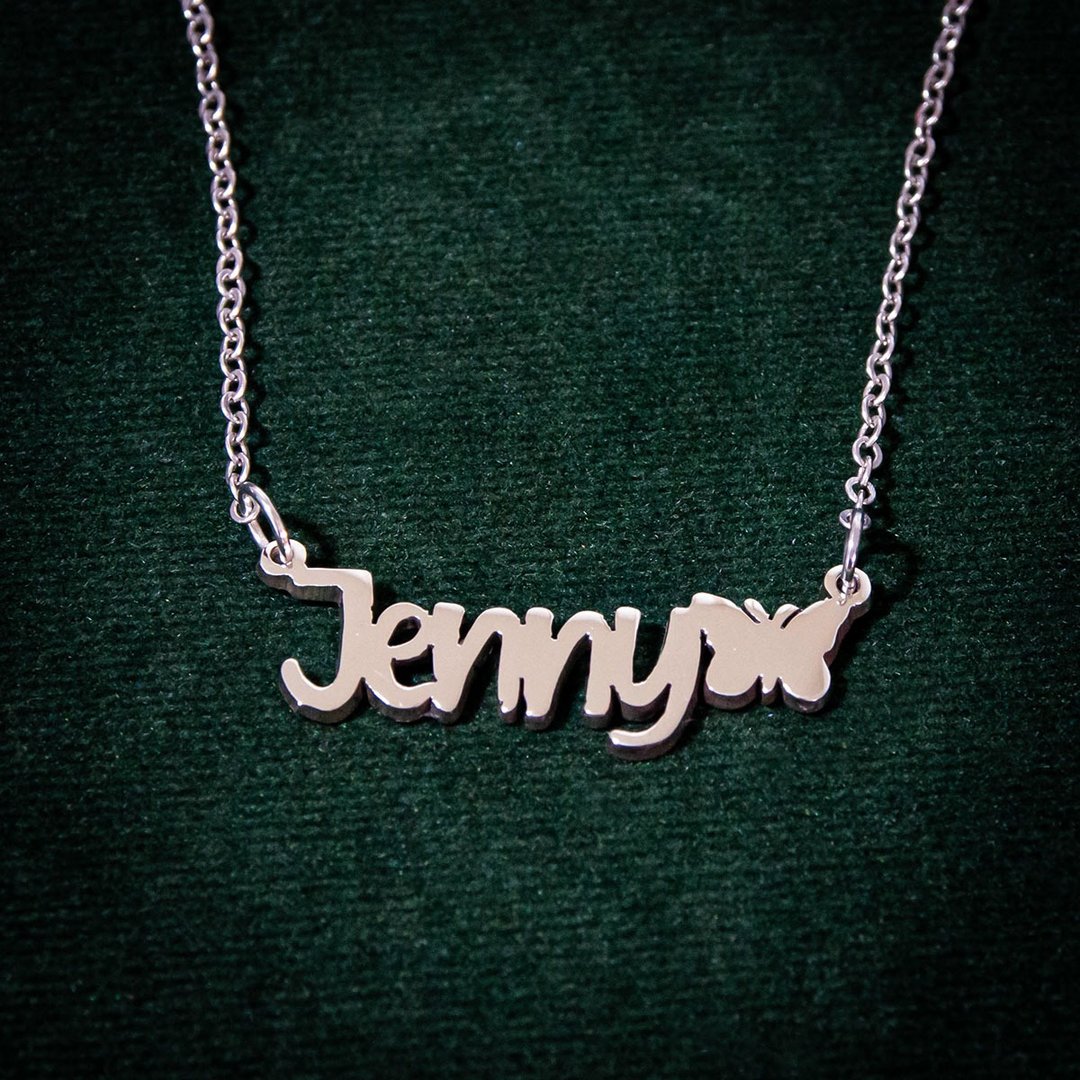 Made to order - Customize name necklace with small butterfly - 项链 - 铜/黄铜 银色