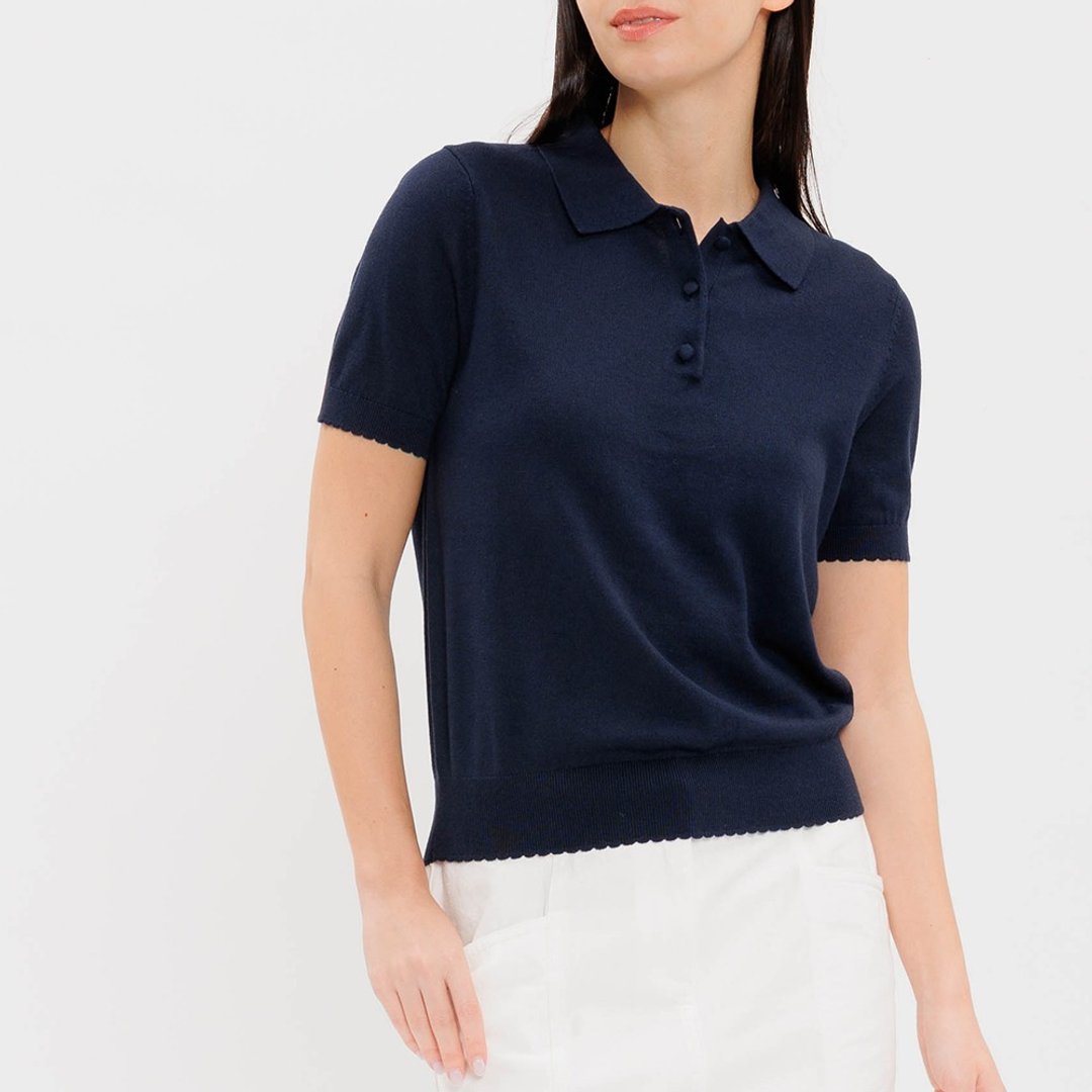 贝壳花边棉质 Polo 领针织衫 - 深蓝色 休闲百搭 香港品牌 环保时尚 - 女装上衣 - 棉 