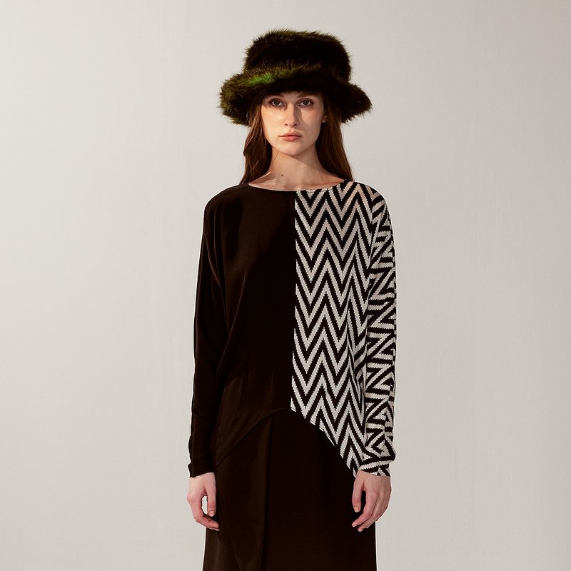 AVVJOY | 桑蠶絲黑白波紋蝙蝠袖上衣 - 女装上衣 - 其他材质 
