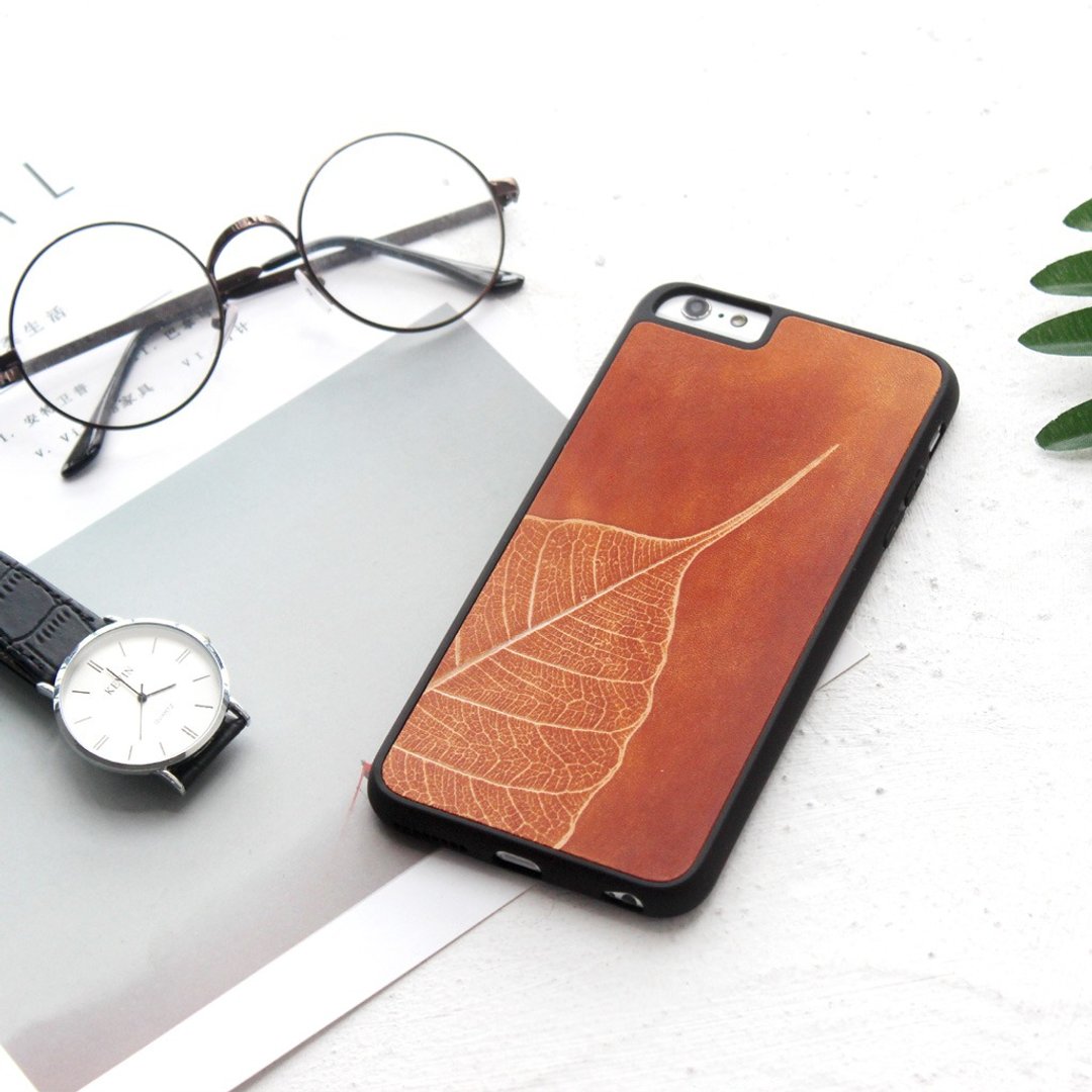 如玮植鞣头层牛皮佛系菩提叶 红棕 iphone6 6s 7 8 plus i6 i7 i8 iphone x 真皮手机壳 保护套全包围防摔 加字服务  定制化 - 手机壳/手机套 - 真皮 金色