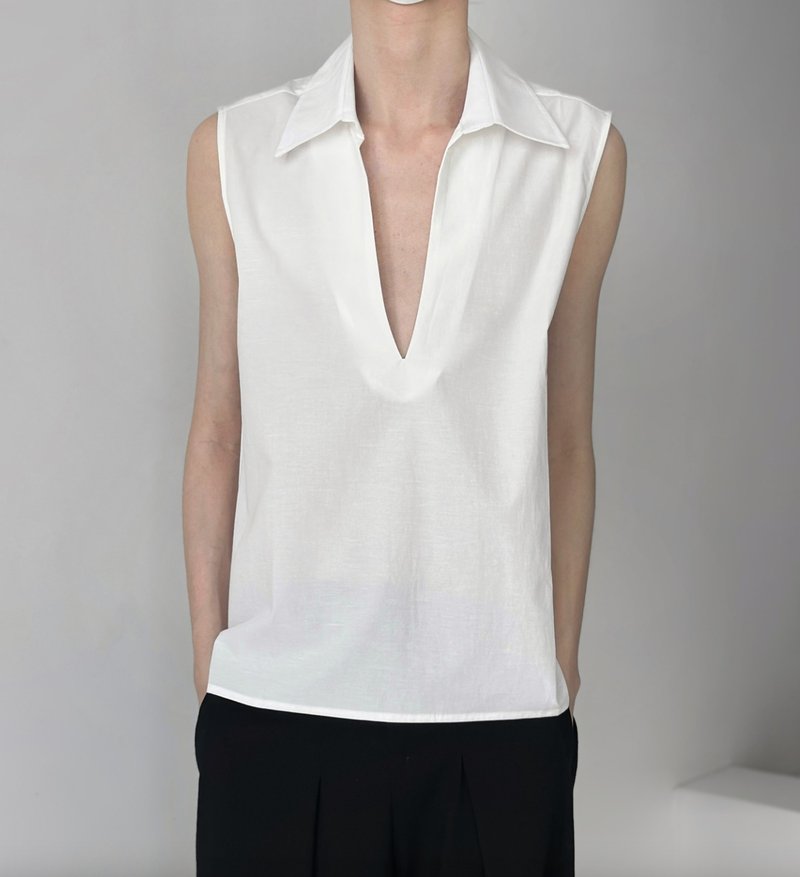 极简经典 深V无袖衬衫 天丝背心 - 男装背心 - 其他材质 白色