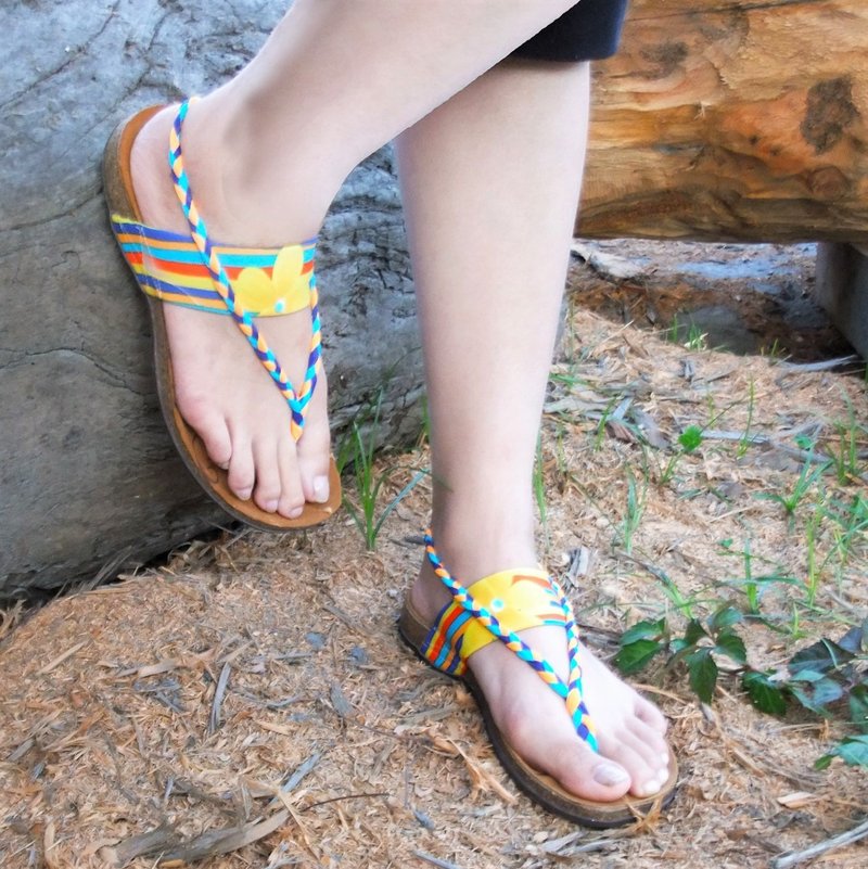 【美梦回圈  巴里岛】绕踝夹脚编织/弹力莱卡布料/真皮木气垫凉鞋 - 男女凉鞋 - 真皮 橘色