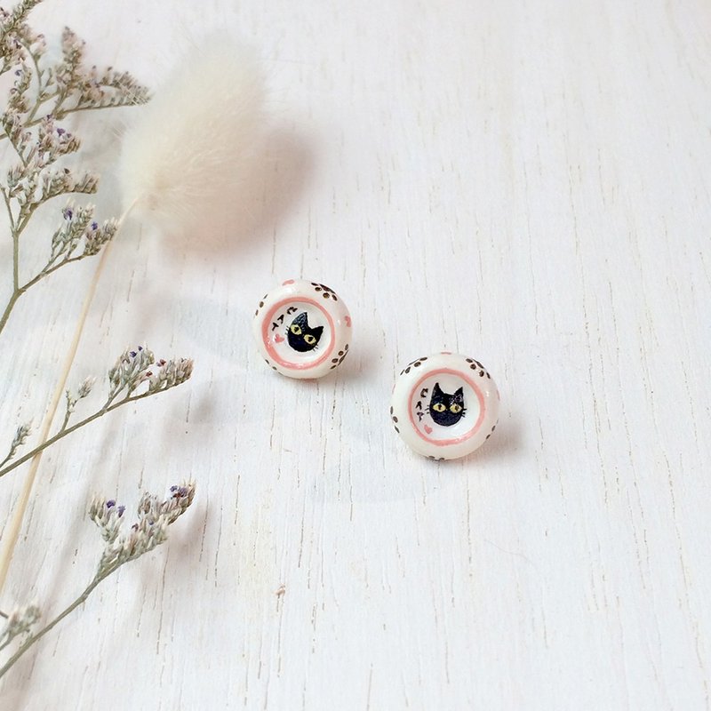 Cat bowls Earrings, Cat Stud Earrings, cat lover gifts - 耳环/耳夹 - 粘土 白色