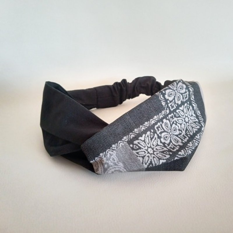 交叉型发带头巾黑色 x灰图案 2 - 发带/发箍 - 棉．麻 黑色