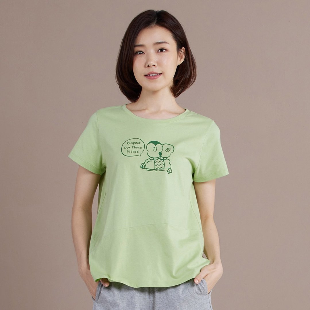 LINE FRIENDS | 企鹅莎莉网印短袖上衣-若草绿 - 女装 T 恤 - 棉 绿色