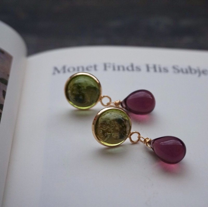 葡萄与青提西洋复古撞色手工制琉璃耳夹耳环agete风 - 耳环/耳夹 - 琉璃 