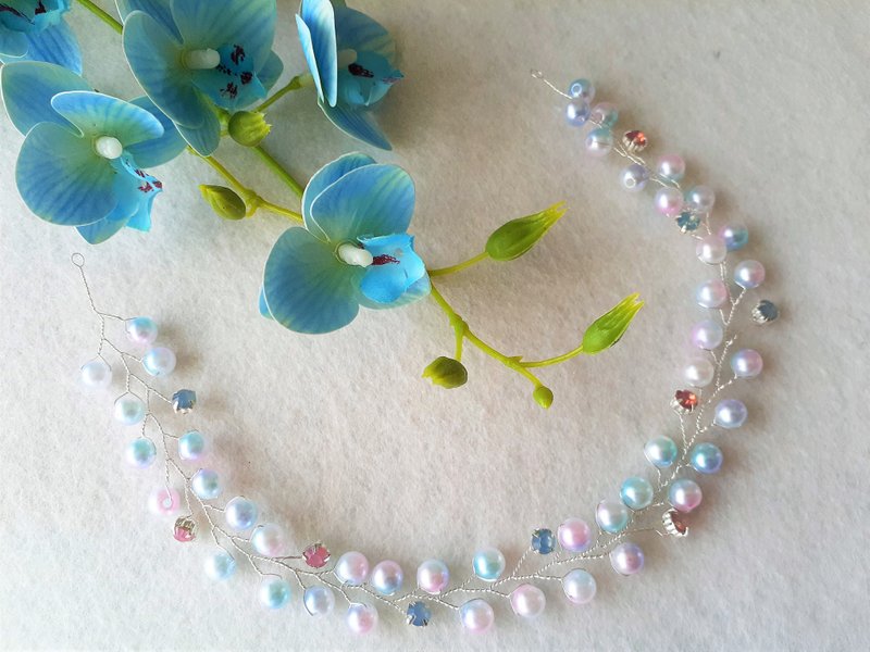 Blue and pink wedding hair vine, Blue bridal hair piece, Wedding headband - 发饰 - 压克力 粉红色