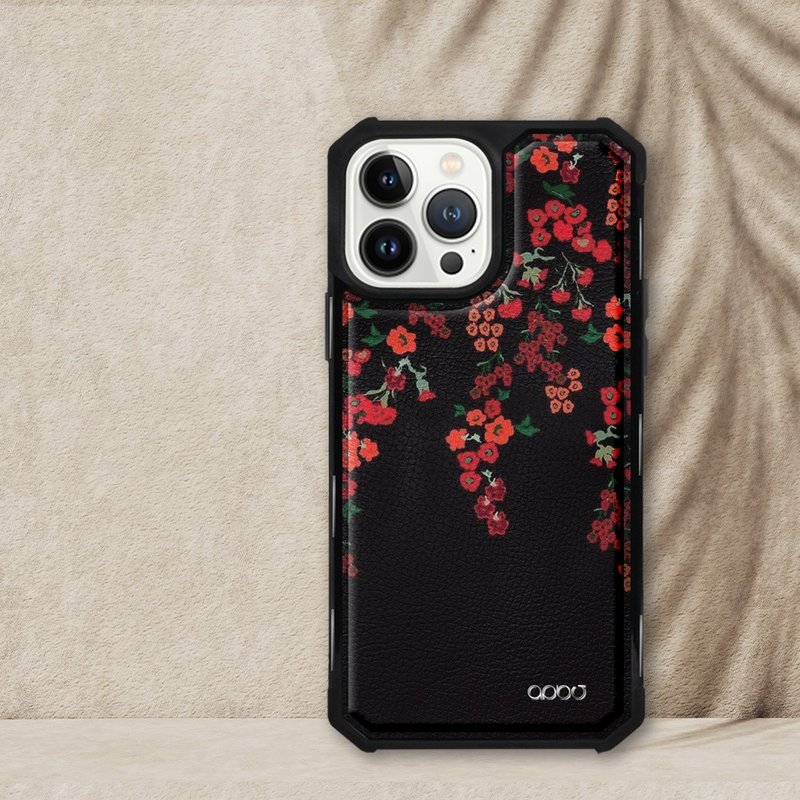 iPhone 13全系列军规防摔皮革磁吸手机壳-花语-千日红(黑壳) - 手机壳/手机套 - 其他材质 多色
