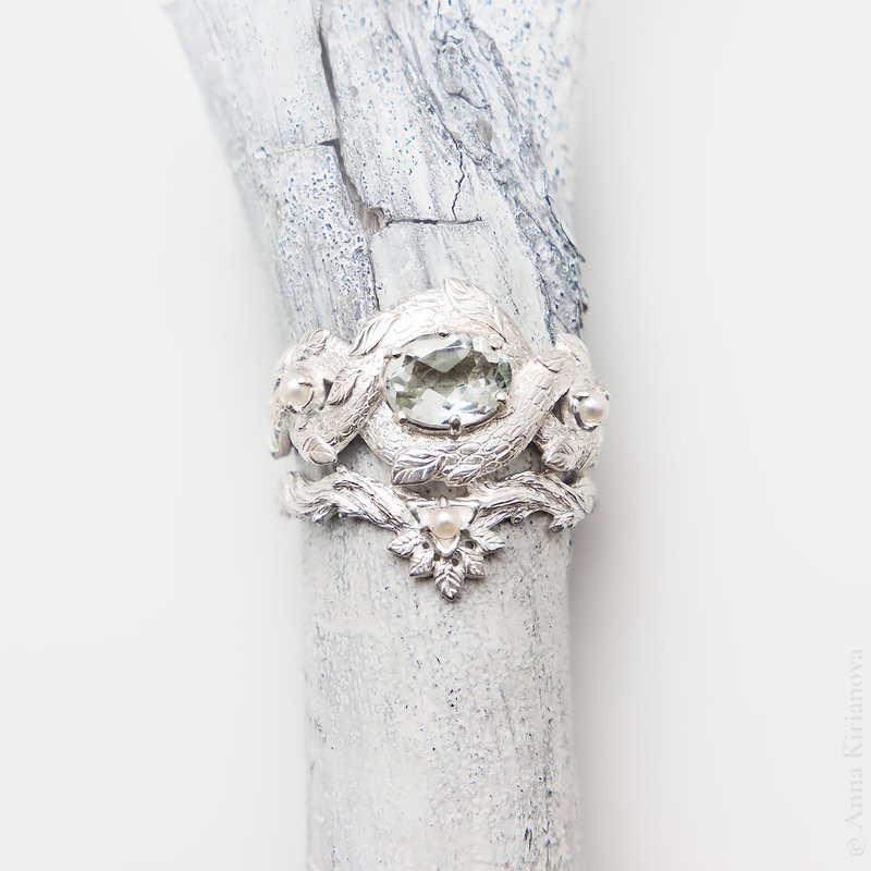 Set of Dragon Ring with Green Amethyst and Twig Ring with Pearl - 戒指 - 纯银 银色
