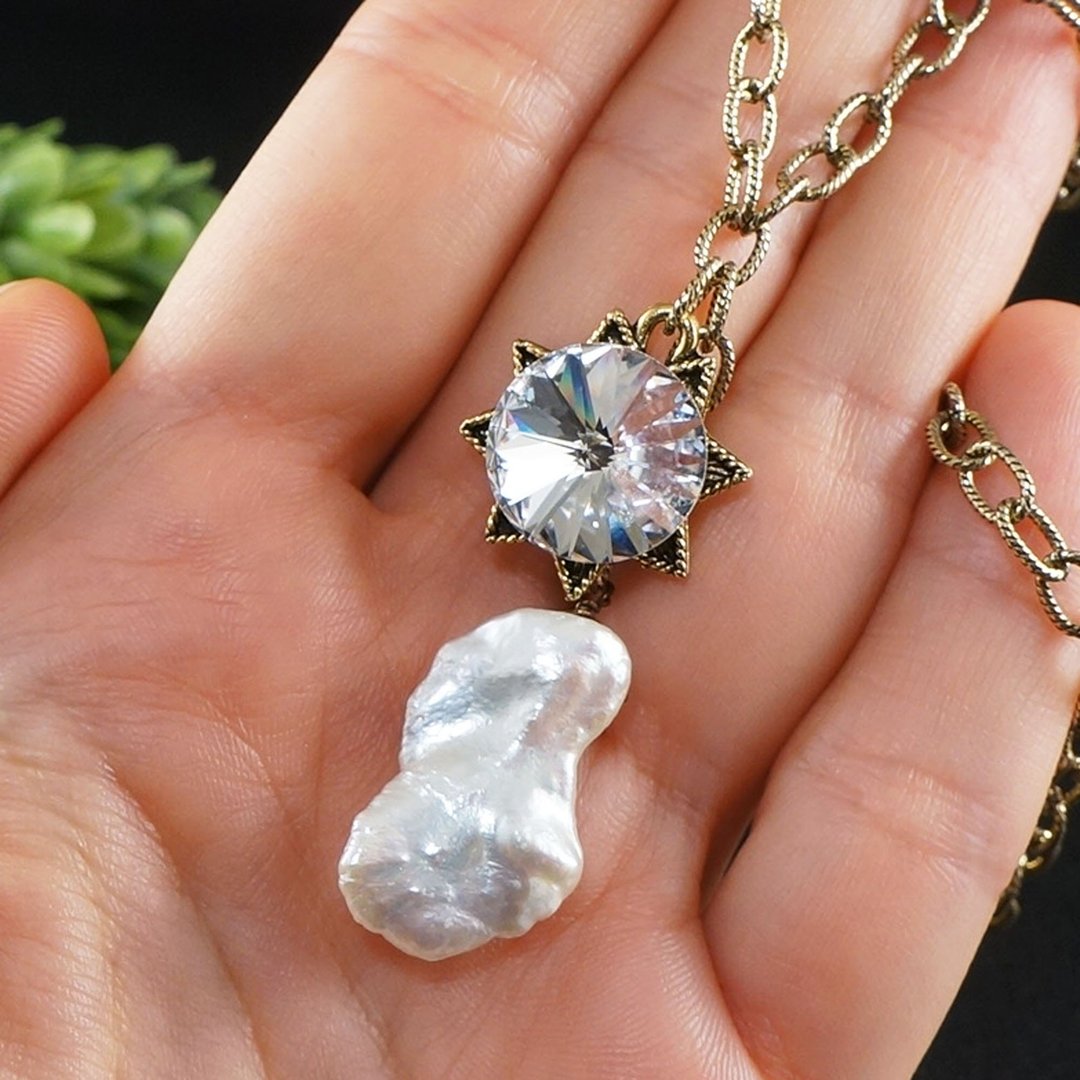White Biwa Baroque Pearl Clear Swarovski Crystal Star Pendant Necklace Jewelry - 项链 - 珍珠 白色