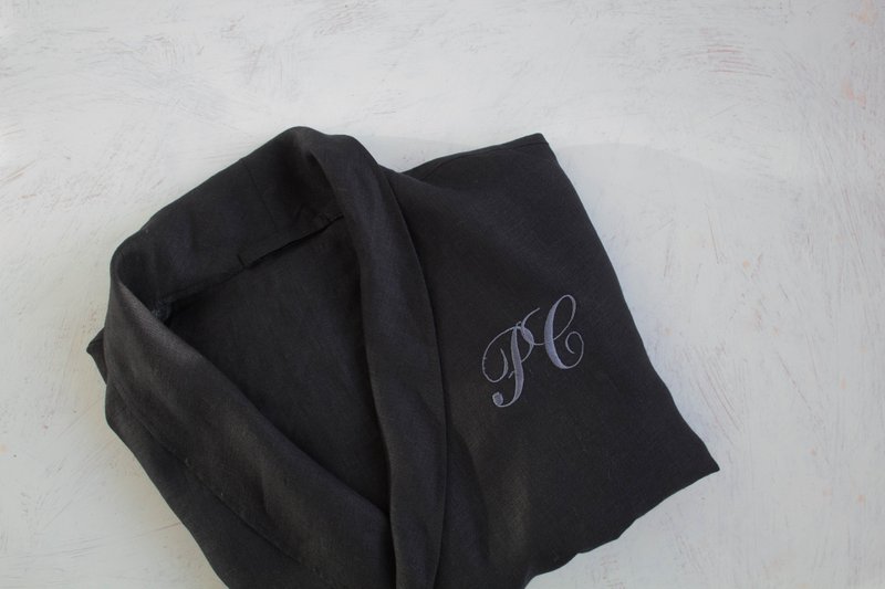 男士亚麻浴袍 - 亚麻睡袍 - 居家服/睡衣 - 亚麻 黑色