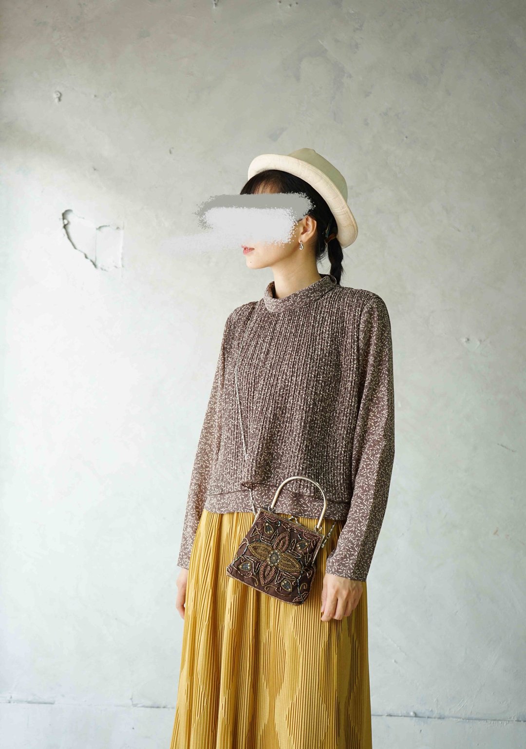 寻宝古着-棕色碎花压褶双层设计翻领上衣 - 女装上衣 - 聚酯纤维 咖啡色
