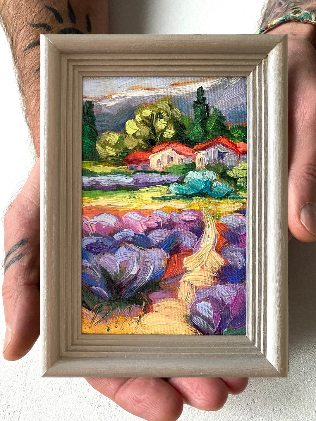 薰衣草田绘画托斯卡纳原创艺术风景油画厚涂小幅艺术品 4x6 托斯 - 墙贴/壁贴 - 木头 