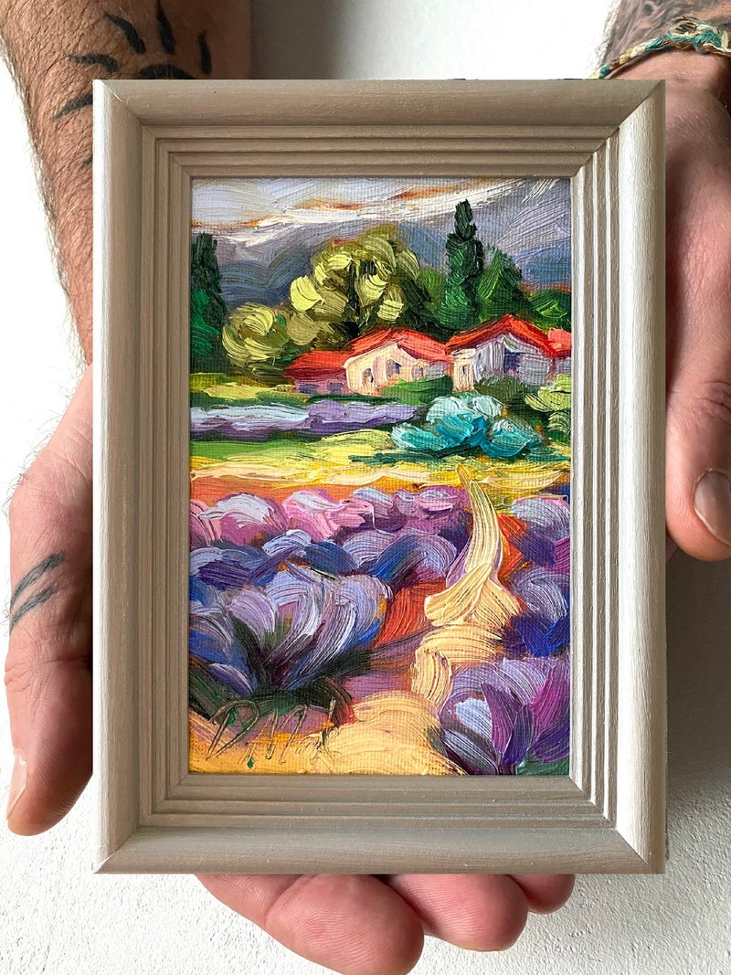 薰衣草田绘画托斯卡纳原创艺术风景油画厚涂小幅艺术品 4x6 托斯 - 墙贴/壁贴 - 木头 