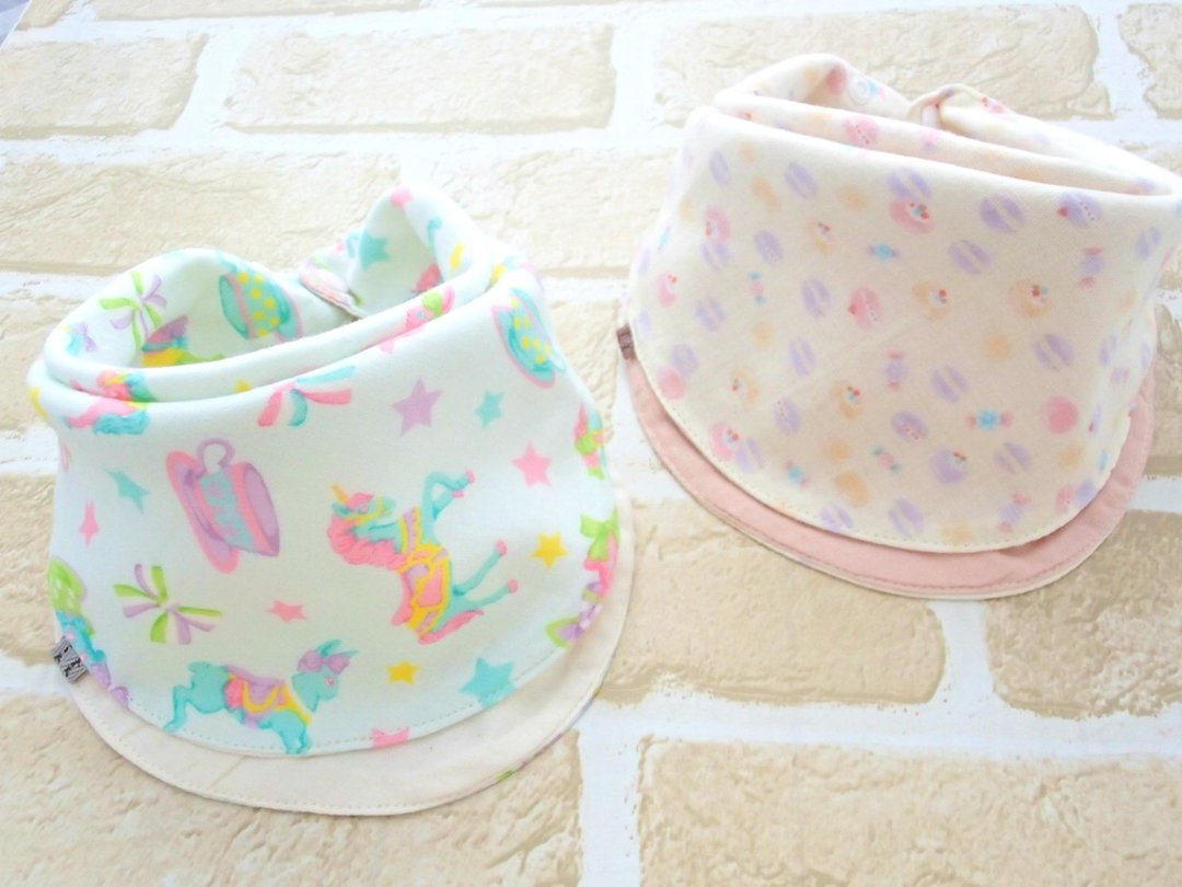 Baby Bib, Set of 2, Reversible Baby Bandana Bib, Japanese Cotton, Girl Set - 围嘴/口水巾 - 棉．麻 粉红色