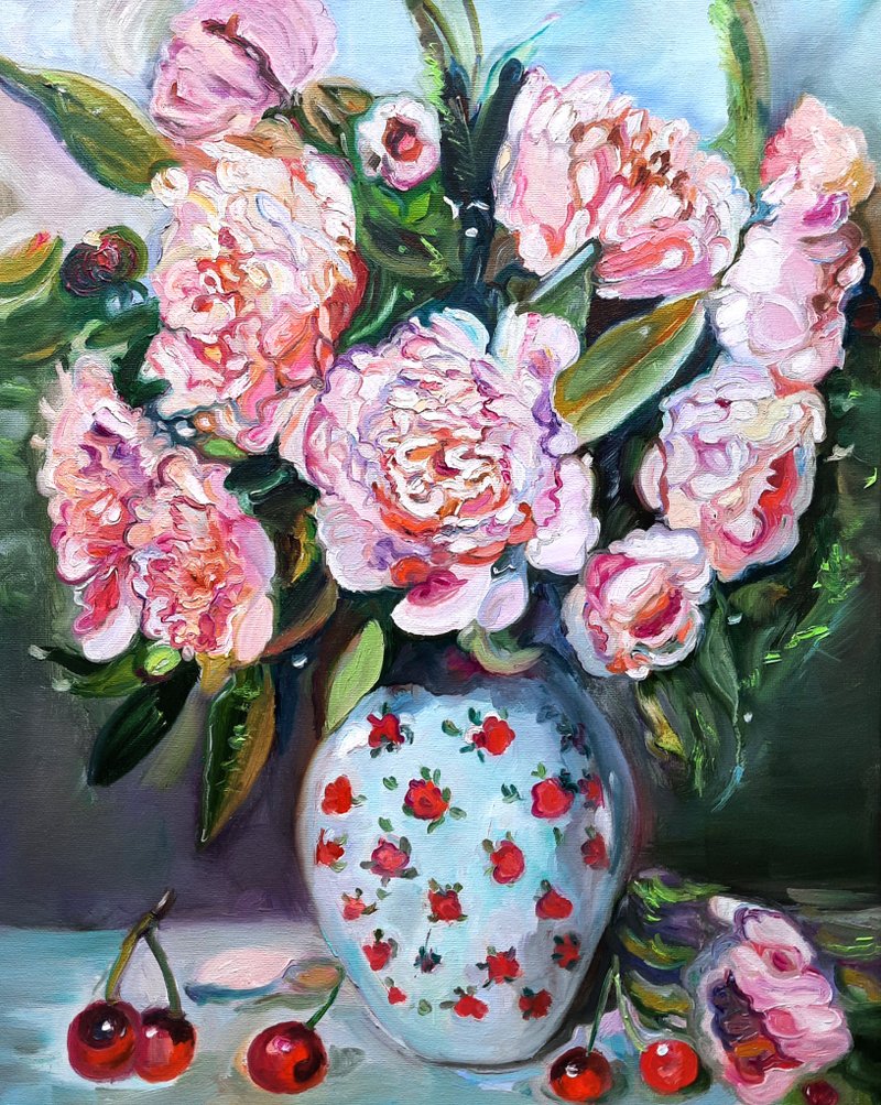花瓶中的牡丹画原创艺术油画布面油画 - 墙贴/壁贴 - 其他材质 粉红色