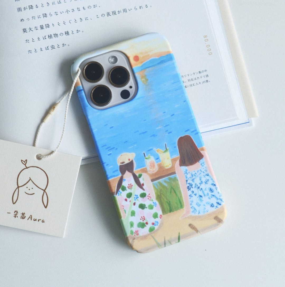 海边落日 手绘插画 iPhone 手機殼 磨砂菲林壳硬壳 - 手机壳/手机套 - 纸 蓝色