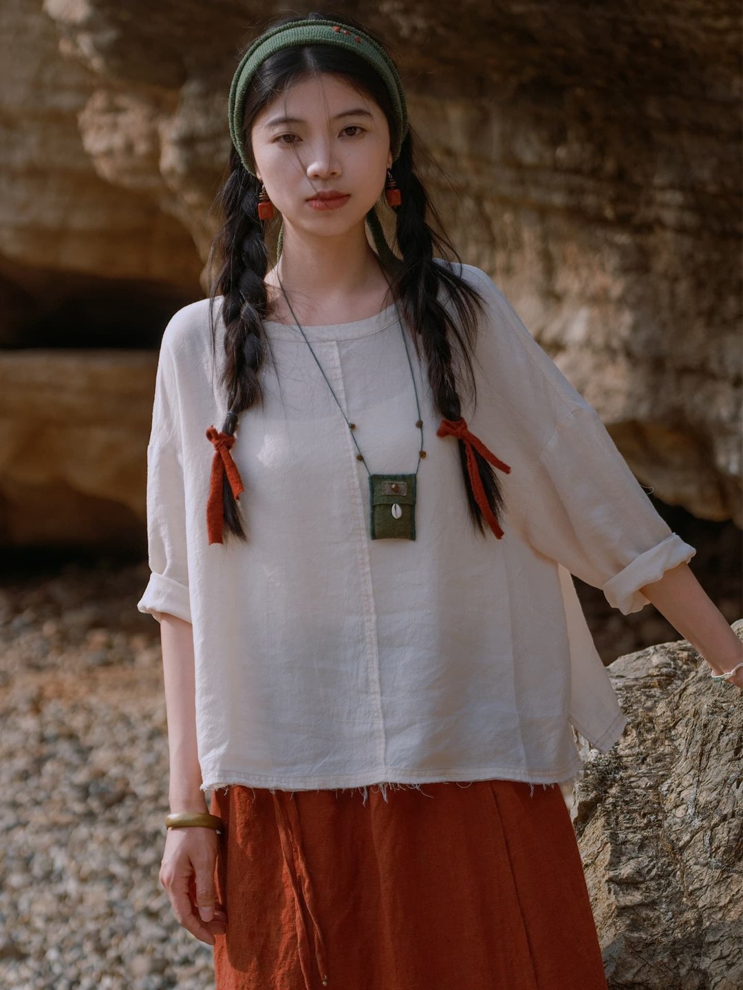 杏白色 苧麻斜紋圓領上衣 亞麻萊賽爾七分袖套頭衫 - 女装上衣 - 棉 白色