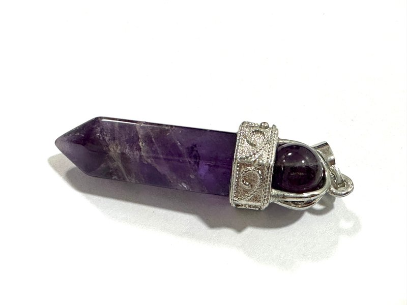 六菱柱 紫水晶 灵摆 紫水晶吊坠 紫水晶吊咀 4.3cm - 长链 - 水晶 紫色