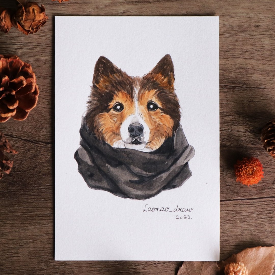 水彩插画原画稿 狗狗头像 4X6 6寸 1005 牧羊犬围围巾 - 海报/装饰画/版画 - 纸 