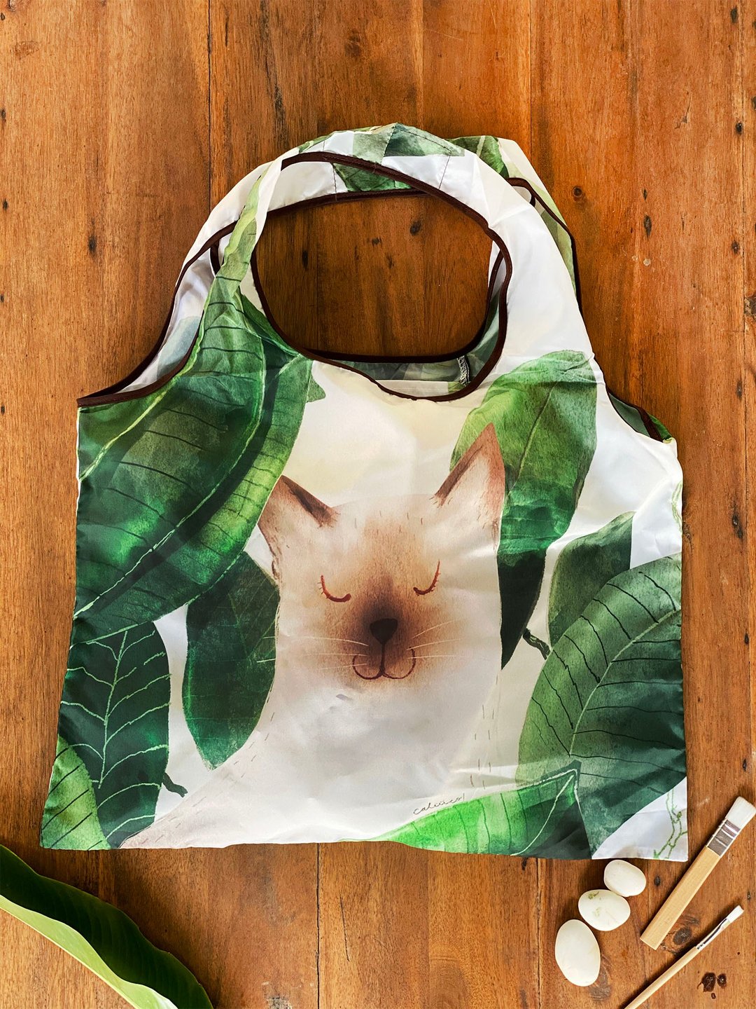 shopping bag Eco bag folding bag Siamese cat - 侧背包/斜挎包 - 棉．麻 绿色