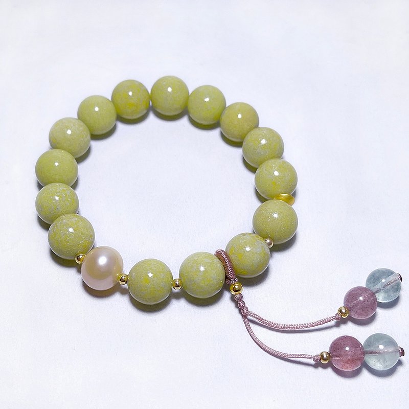 天然矿石 芥茉绿菜花玉 珍珠 粉草莓晶 粉绿萤石 925纯银手链 - 手链/手环 - 宝石 绿色