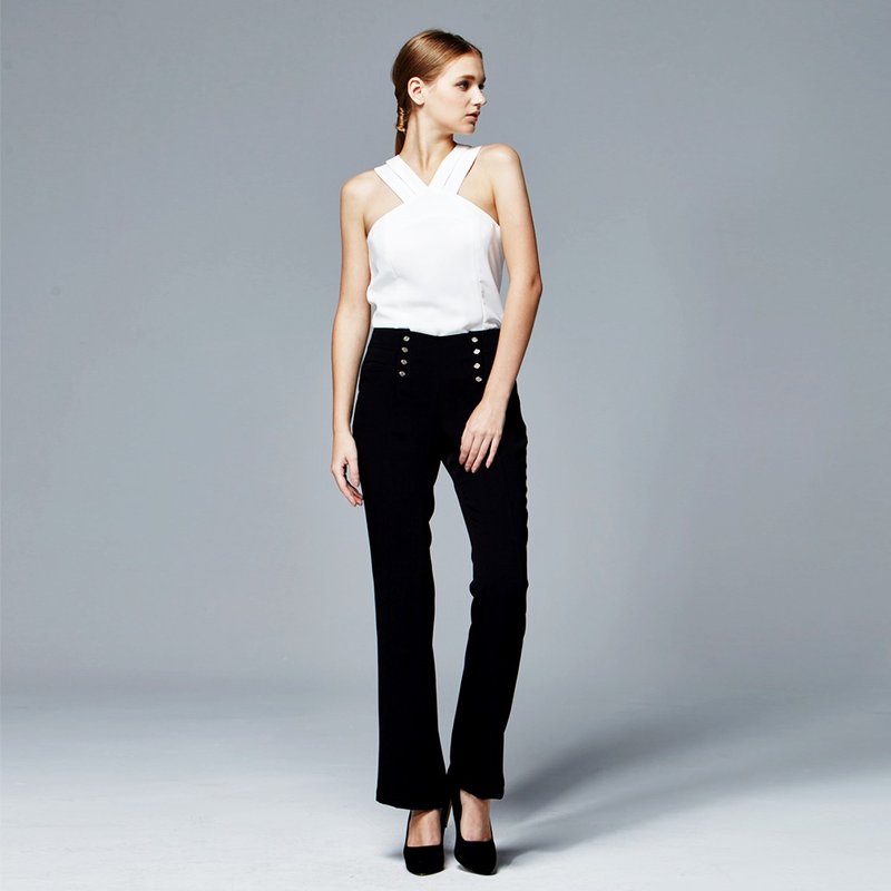 黑色排扣装饰小喇叭长裤 - 女装长裤 - 聚酯纤维 黑色