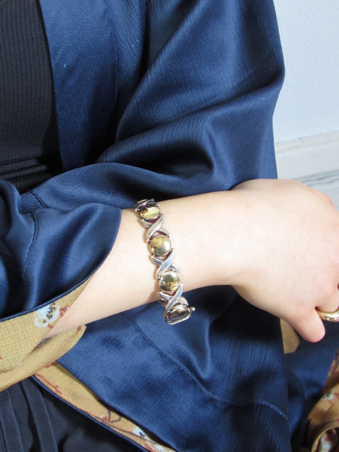 Vintage 925 Sterling Italy Boho Circle Gold Dipped Silver Bracelet - 手链/手环 - 银 金色