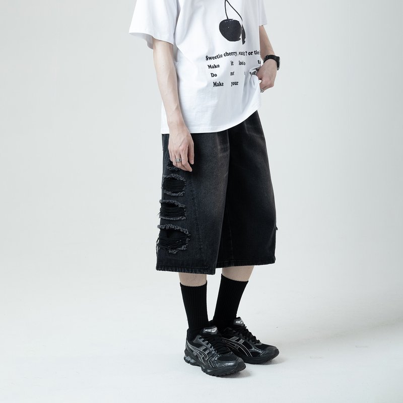 刷破过膝牛仔短裤 - 男士短裤 - 棉．麻 黑色