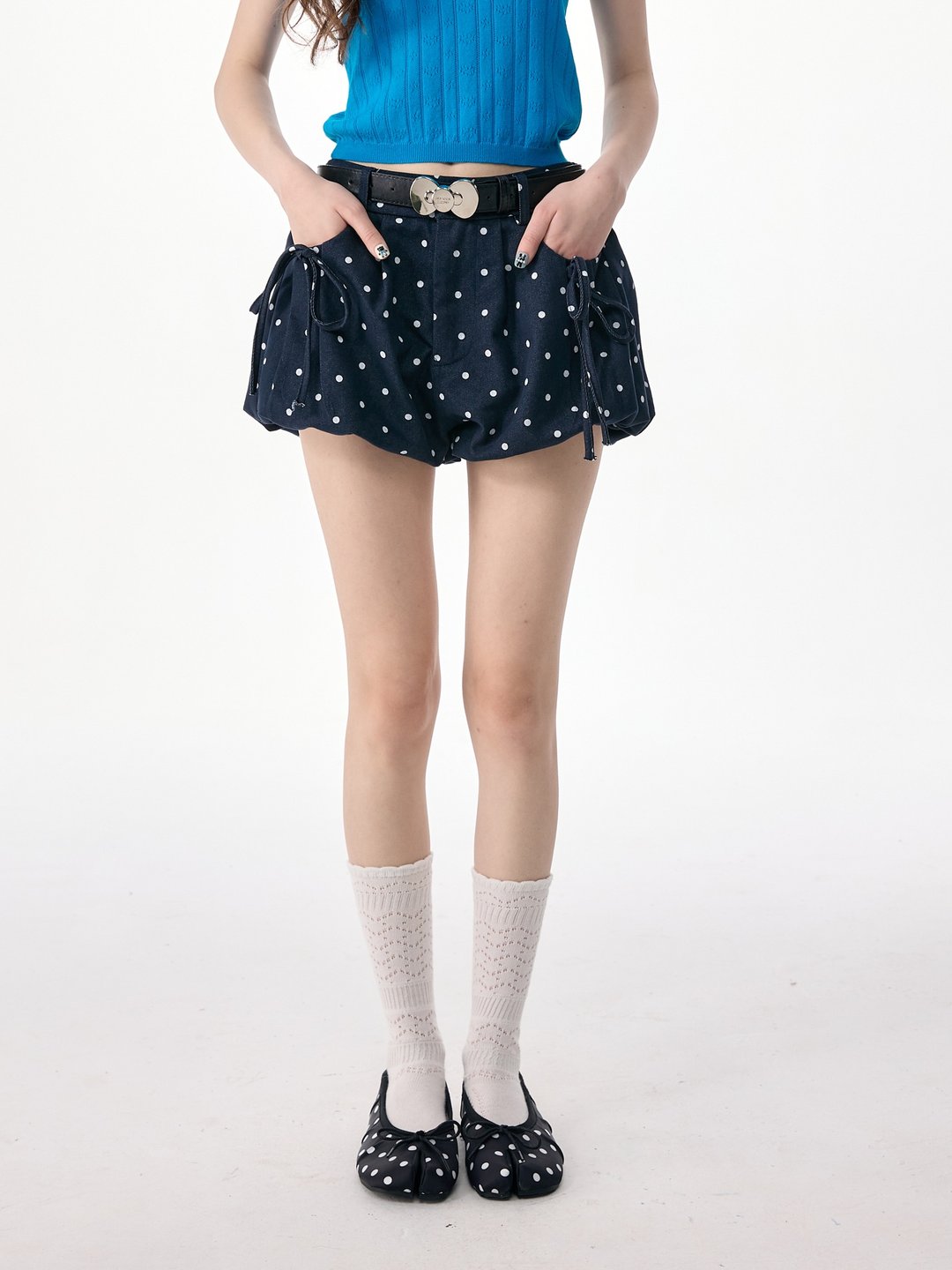 ziziFei''墨点云苞''夏学院深蓝色波点高腰显瘦兜兜半身短裙裤女 - 女装短裤 - 其他材质 蓝色