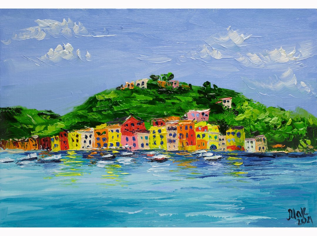 Portofino Painting Italy Oil Original Art Cinque Terre Artwork Impasto Painting - 海报/装饰画/版画 - 其他材质 蓝色