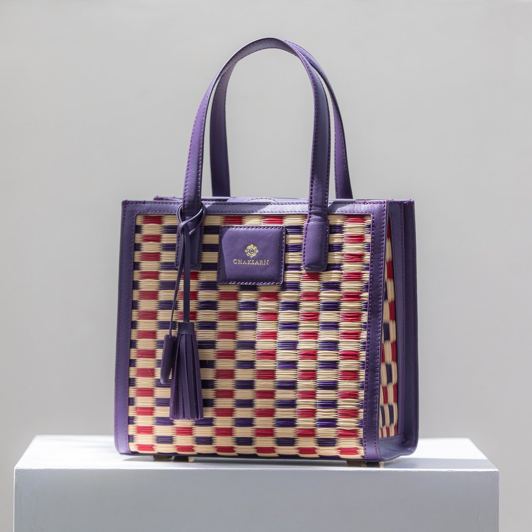 Woven Sedge Small Tote - Purple Leather and Chess Woven Mat - 手提包/手提袋 - 真皮 紫色