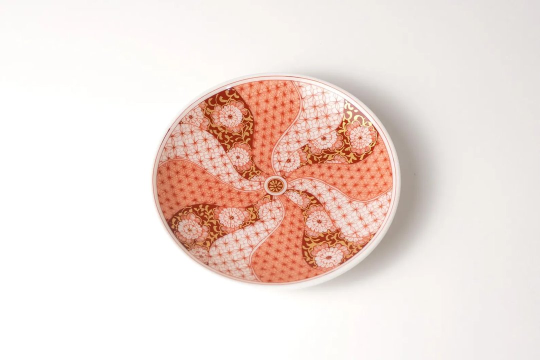 【预购】日本进口九谷烧艺术小盘10.4cm - 赤绘花唐草纹 福岛礼子 - 盘子/餐盘/盘架 - 瓷 粉红色