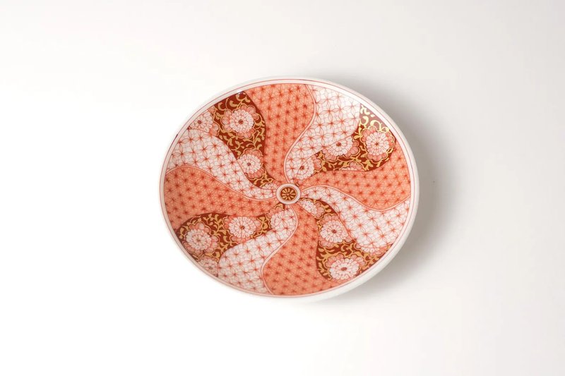 【预购】日本进口九谷烧艺术小盘10.4cm - 赤绘花唐草纹 福岛礼子 - 盘子/餐盘/盘架 - 瓷 粉红色