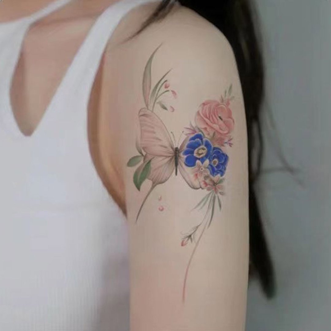 发2张【花艳碟】高级感刺青图案纹身贴防水持久女生款 - 纹身贴 - 纸 多色