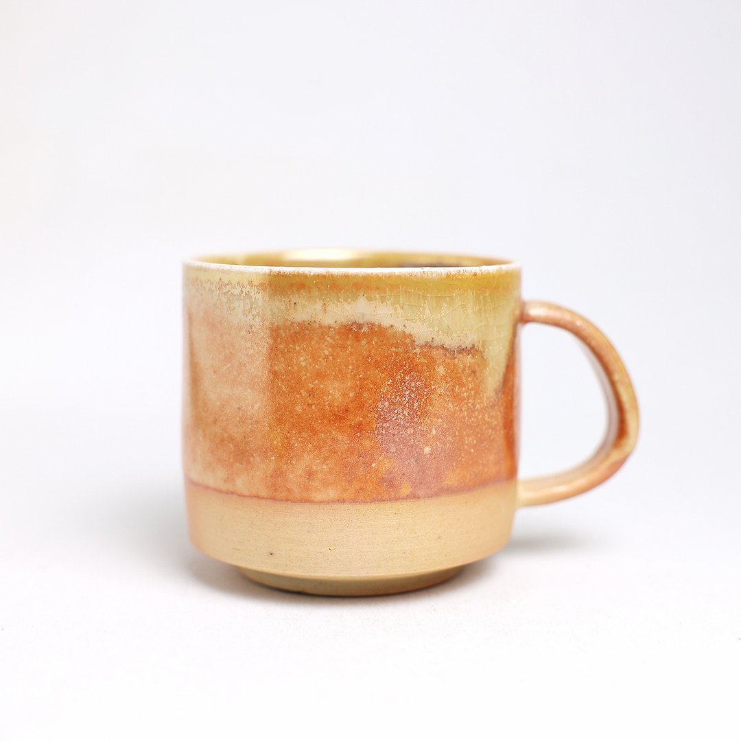 明芽窑 l 柴烧志野金彩双色咖啡杯 橘红 黄 金 把杯 马克杯 H9 - 咖啡杯/马克杯 - 陶 橘色