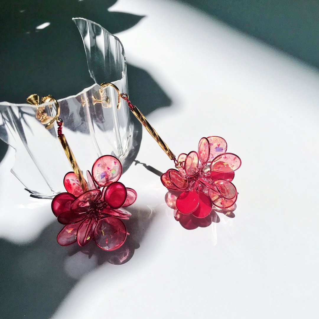 <烟花>单边造型手工设计树脂耳环/垂吊款/earring/accessories - 耳环/耳夹 - 其他材质 红色