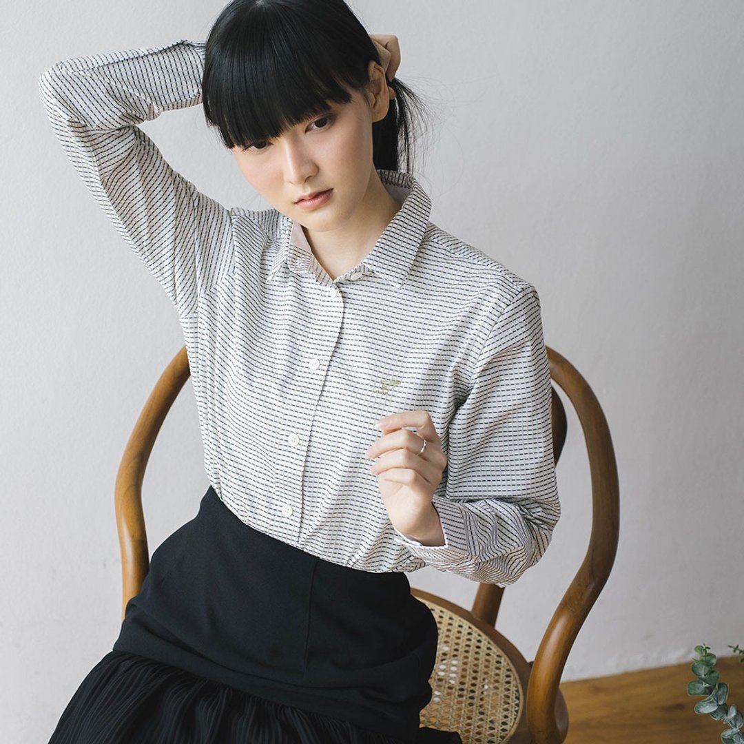 (SOLD) PREMIUM // white green check // women long sleeves - 女装衬衫 - 棉．麻 白色