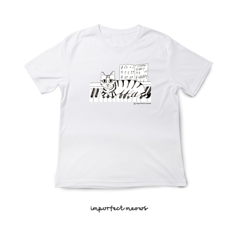 不完美猫咪 Impurfect Meows | 钢琴猫 T-Shirt - 女装 T 恤 - 棉．麻 白色