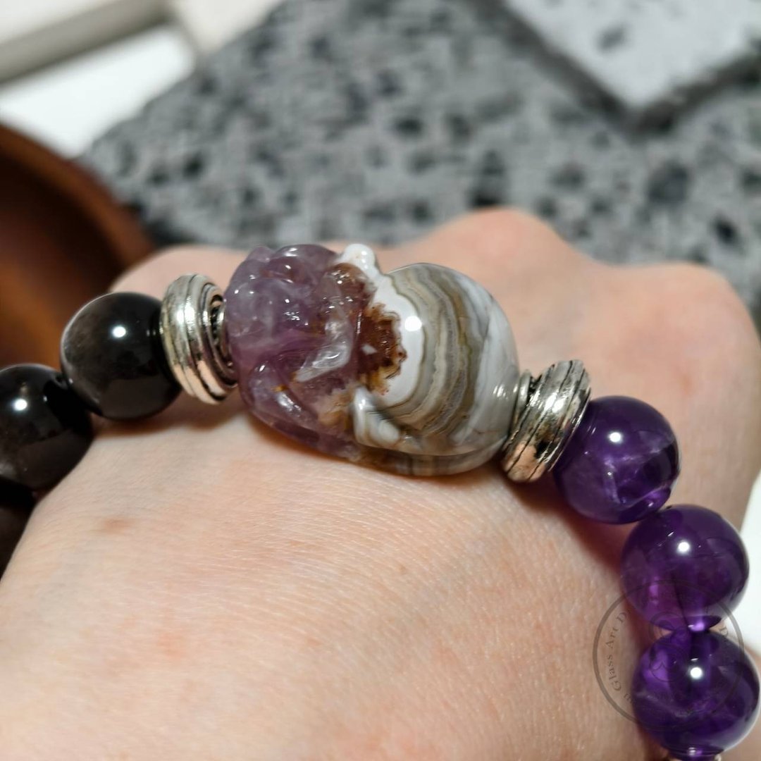【Dream Crystal Art】紫极星辉 - 敦煌极光玛瑙貔貅紫水晶手串 - 手链/手环 - 半宝石 紫色